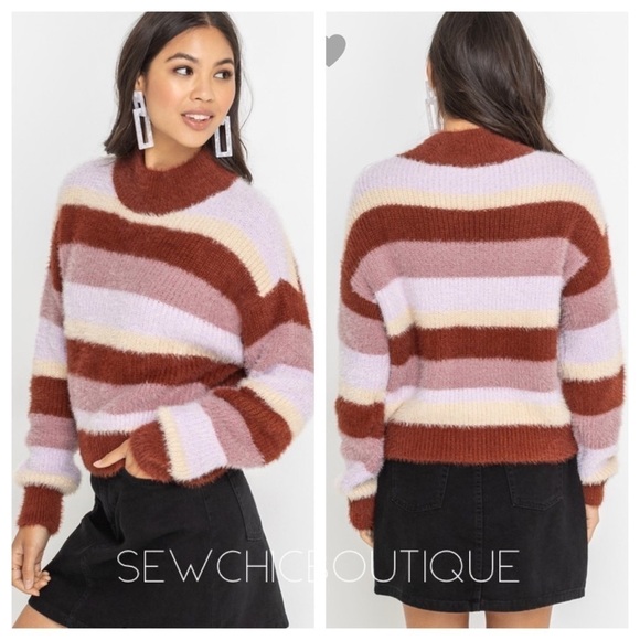Mock Neck Fuzzy Striped Knit Sweater - Picture 2 of 8